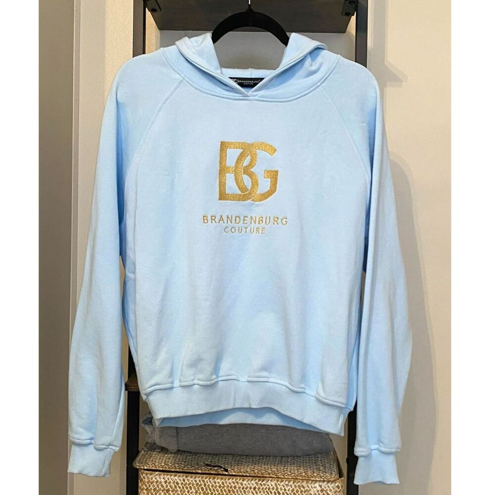 Brandenburg Couture Light Blue Hoodie Gold Logo Pullover Sweatshirt LARGE